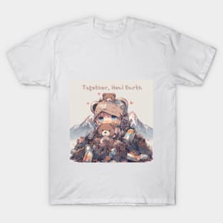 Together, Heal Earth - Sad Chibi Bear and Environmental Message T-Shirt